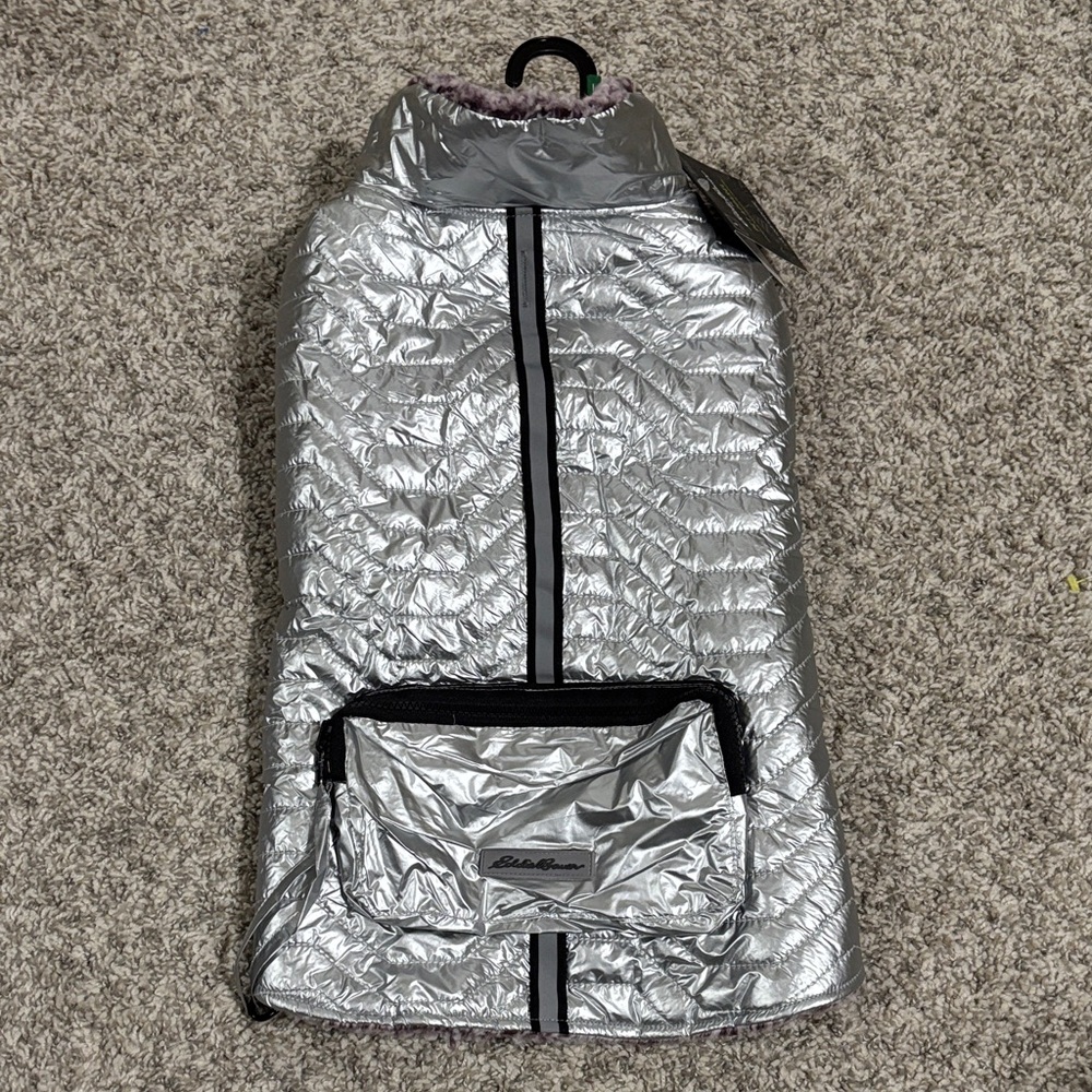 NWT Eddie Bauer Silver Quilted Dog Jacket Large